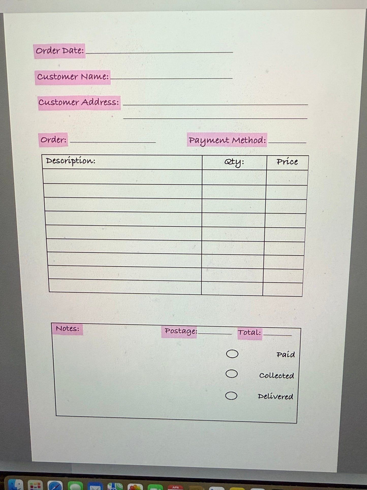 Printable Order Form